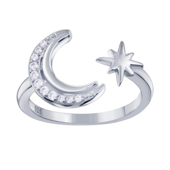 Jewelry - Sterling Silver 925 Rhodium Plated Cresent Moon and Star CZ Ring